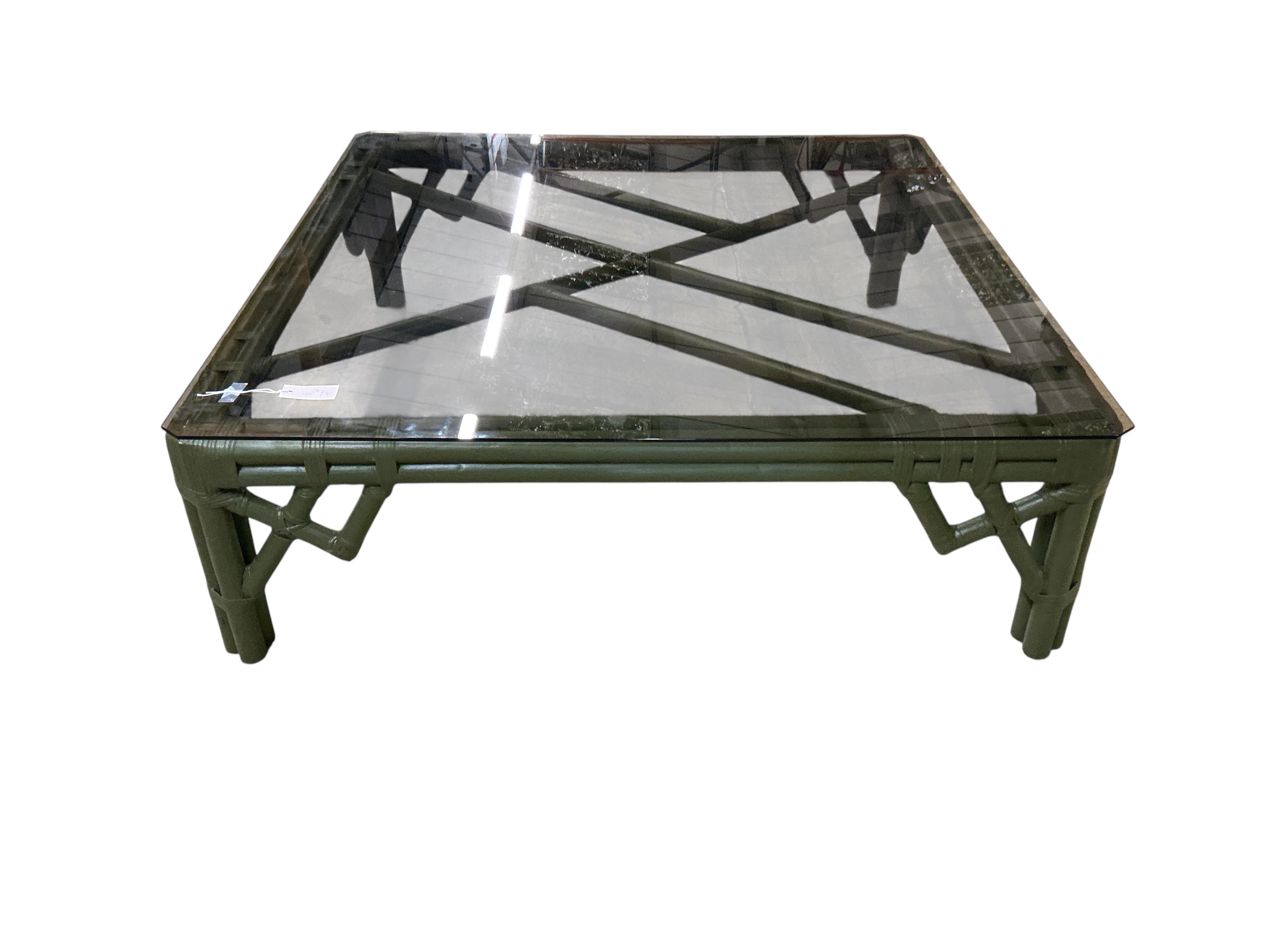 A large painted bamboo square glass topped coffee table, 122cm, height 39cm